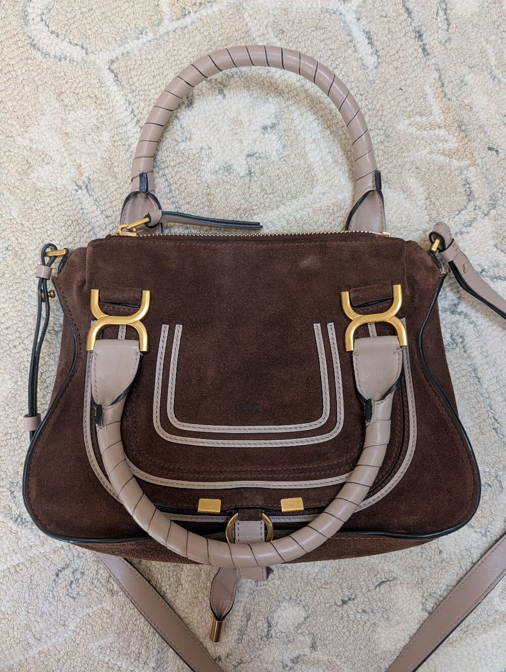 Chloe Marcie Small Dark Brown Suede With Pink Accents